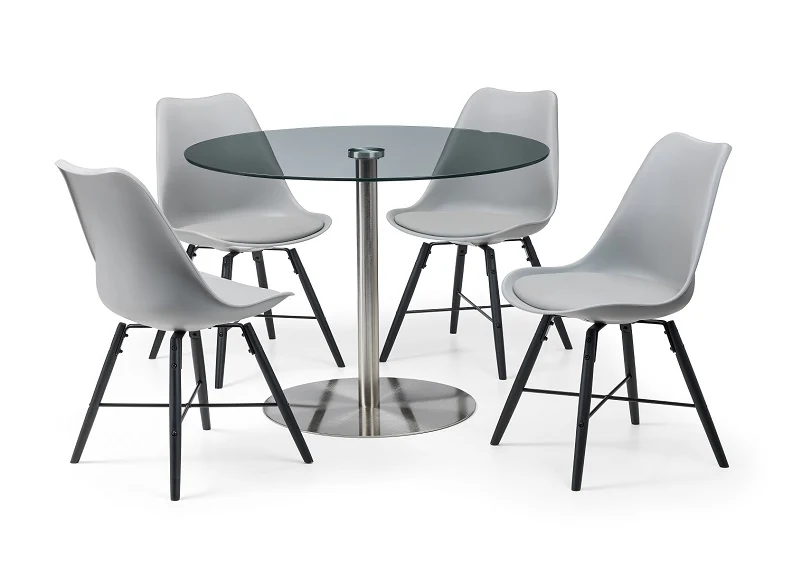 Milan Round Glass Table & Kari Chair Set – Clear Glass Top with Brushed Steel Base - Image 2