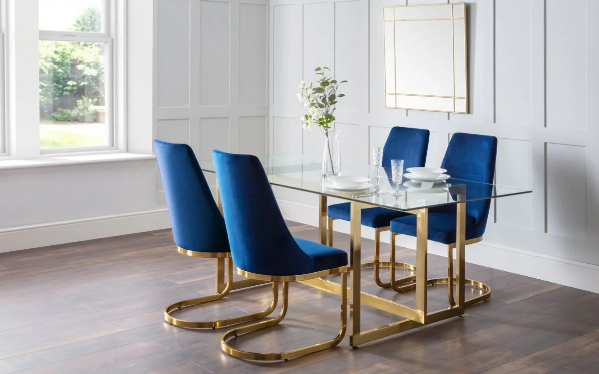 Minori Dining Set – Glass Table with Gold Legs & Velvet Chairs - Image 14