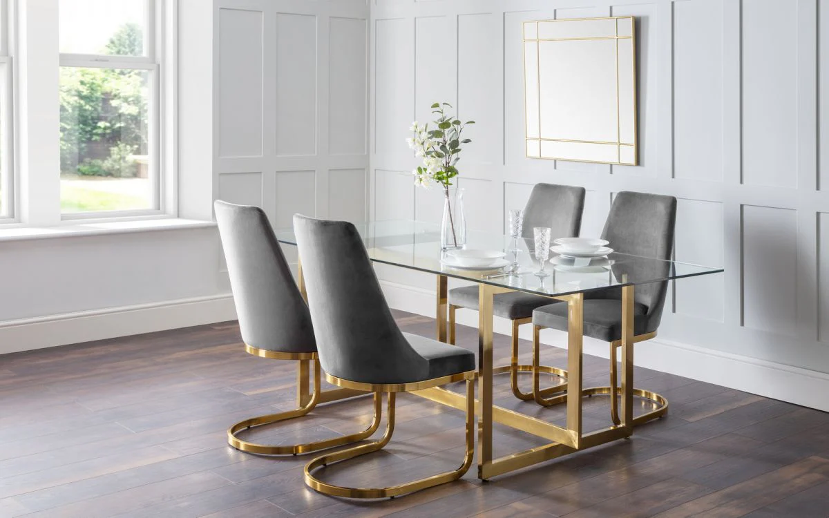 Minori Dining Set – Glass Table with Gold Legs & Velvet Chairs - Image 6