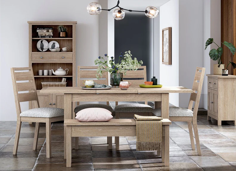 Modern Country Oak Dining Set – Large Extending Table with 4 White Boucle Chairs - Image 9