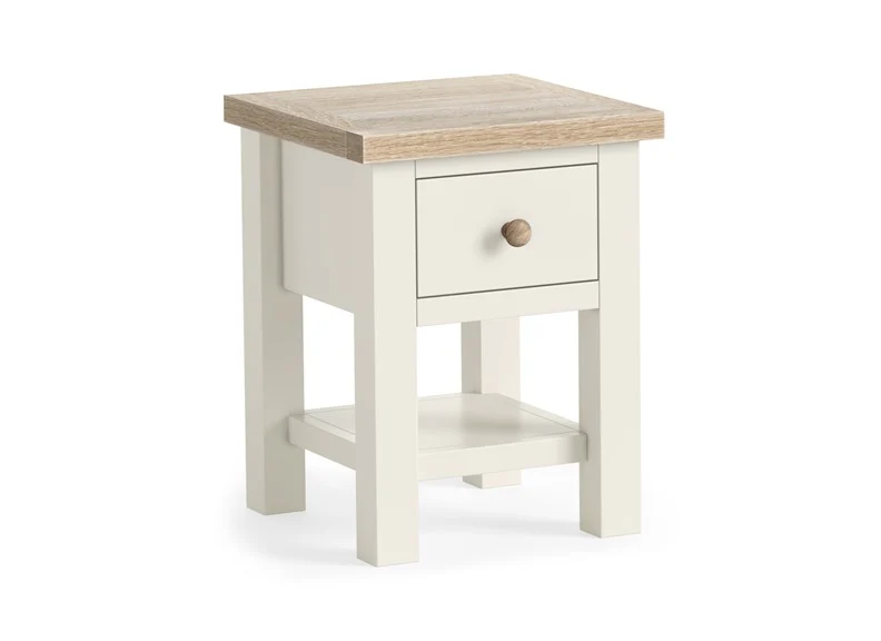 Modern Country Coconut Lamp Table – Oak with Off-White Finish and Shelf