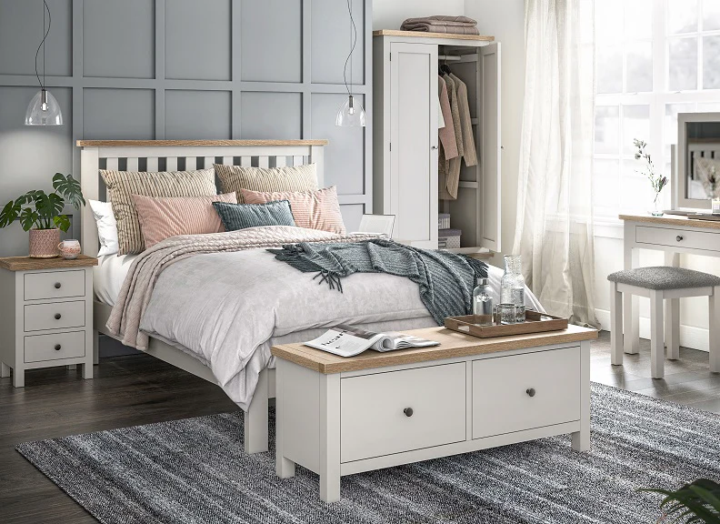 Modern Country Coconut Large 2 Drawer Bench – Oak with Off-White Finish (PRE-ORDER FOR JULY)