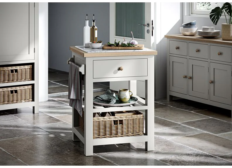 Modern Country Grey Small Kitchen Island – Oak with Marble Effect Top