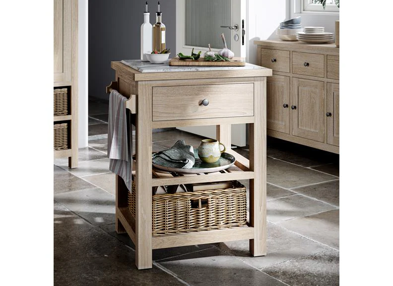 Modern Country Oak Small Kitchen Island – Whitewashed Finish with Marble Top