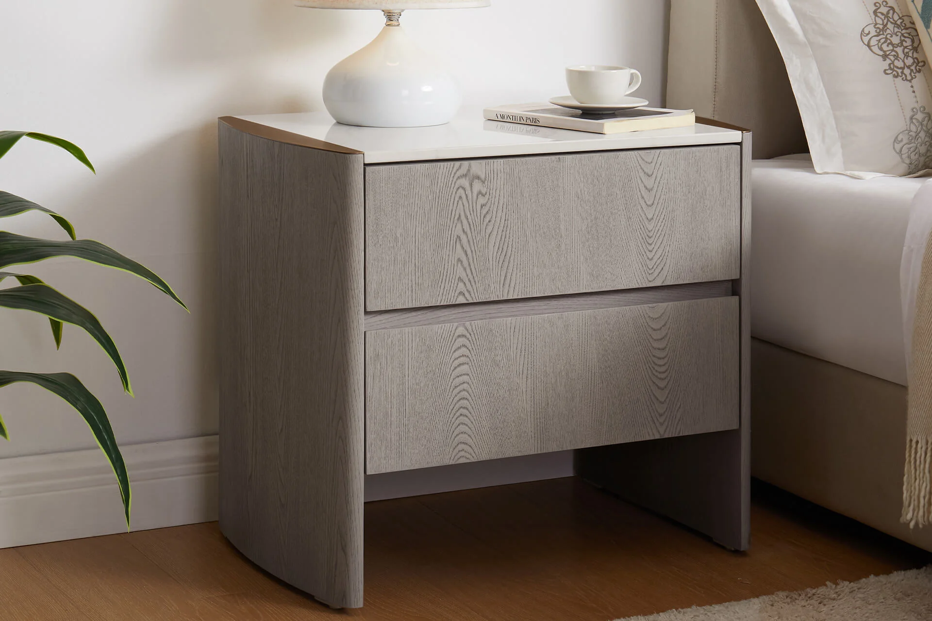Mondello 2 Drawer Bedside Table – Washed Oak with Sintered Stone Top - Image 3