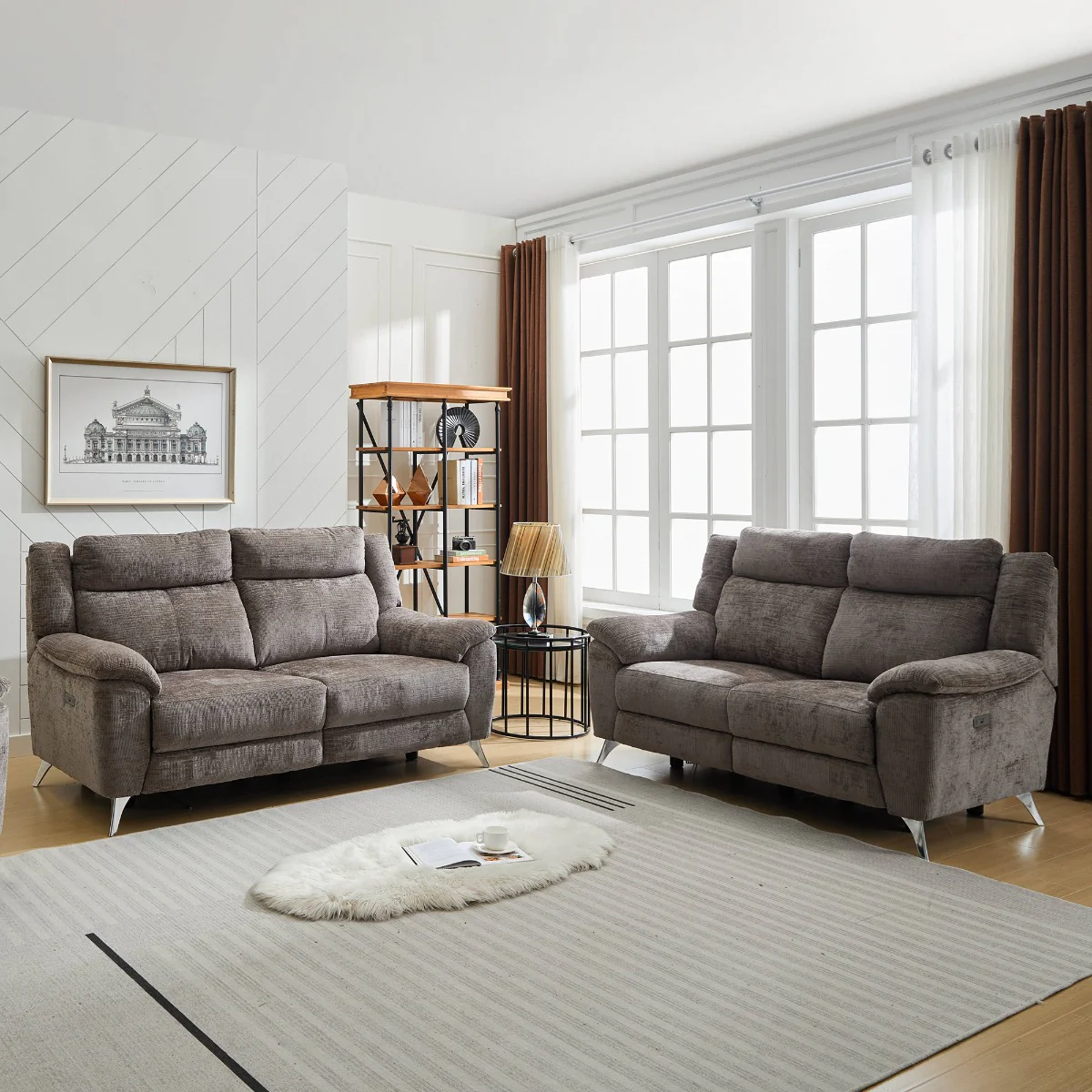 Monroe Electric 3+2 Reclining Suite – Stone Fabric with USB Port