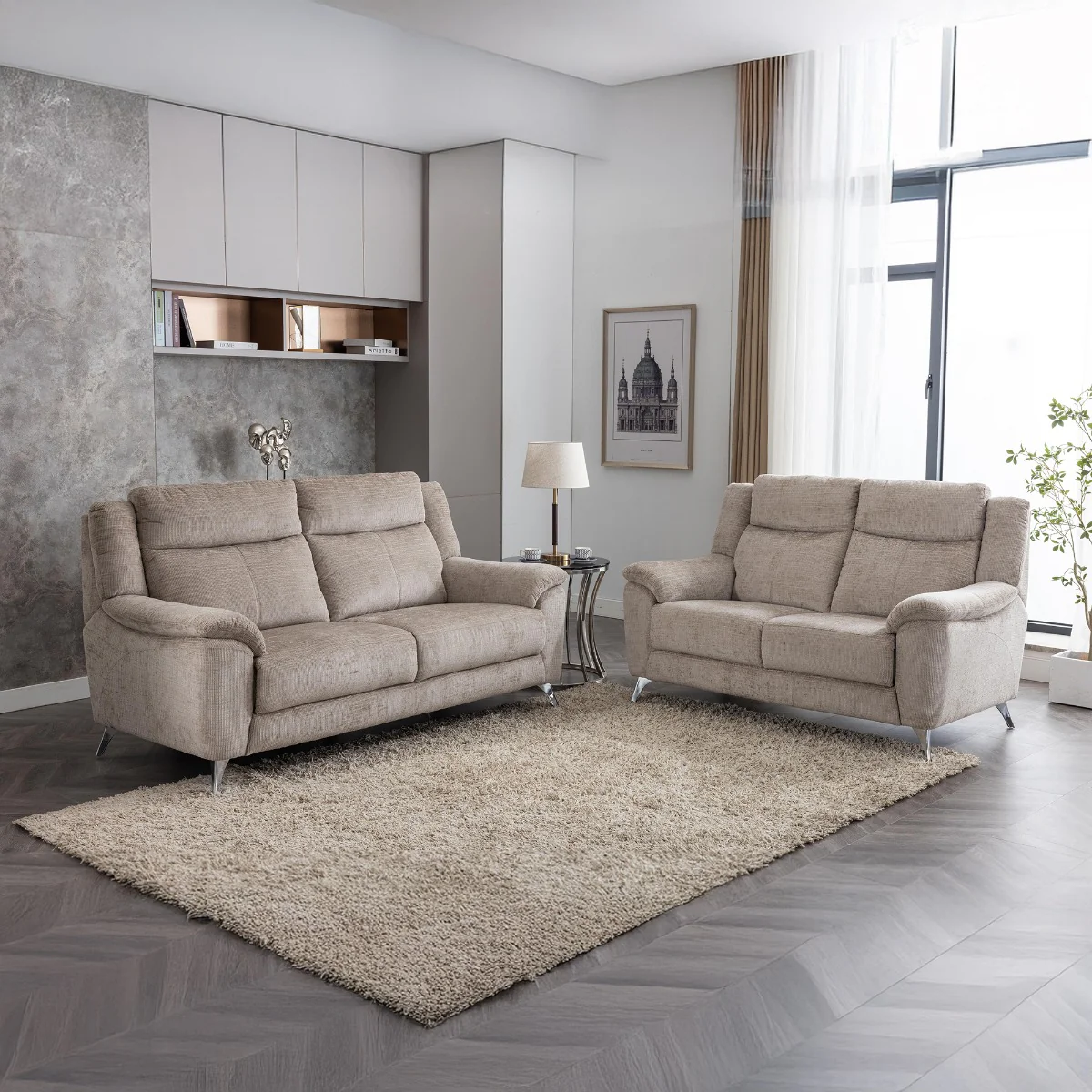 Monroe Fixed 3+2 Suite – Soft Touch Fabric with Chrome Legs