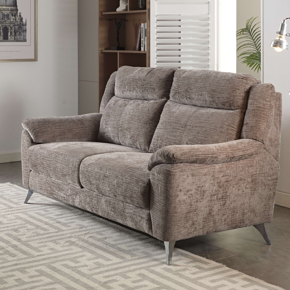 Monroe Fixed 3 Seater – Stone Fabric with Adjustable Headrest