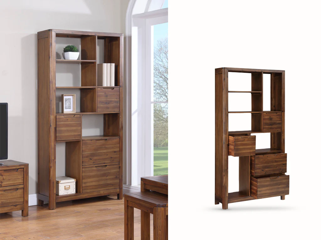 Monterey Tall Bookcase – Acacia Wood with 4 Drawers