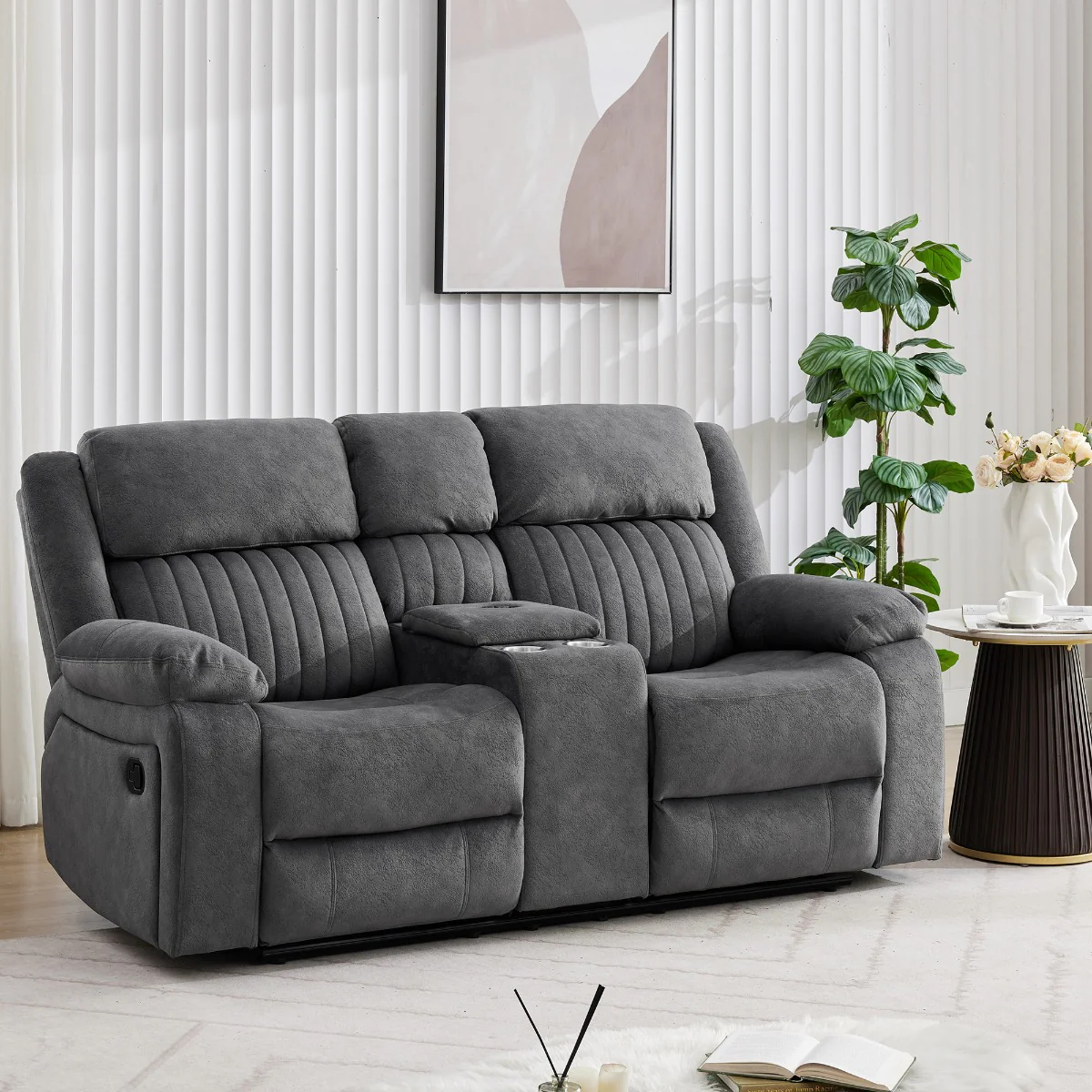Morgan 2 Seater Recliner – Slate Grey Fabric with Console and Wireless Charger (PRE-ORDER FOR JULY)