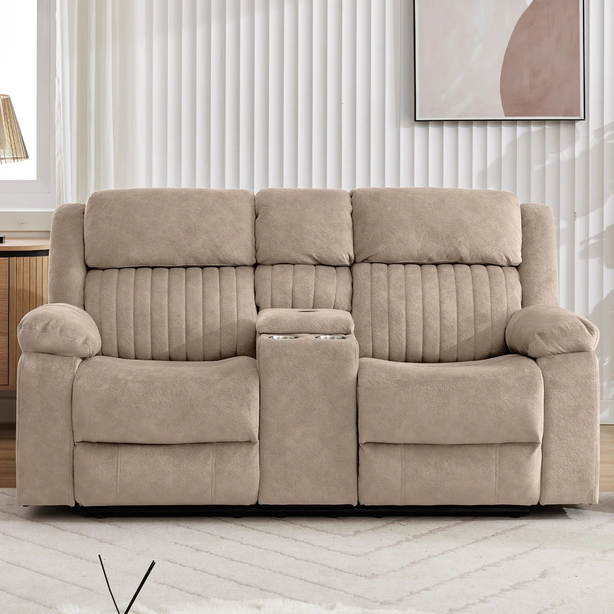 Morgan 2 Seater Recliner with Console – Taupe Fabric with Pocket Sprung Seats