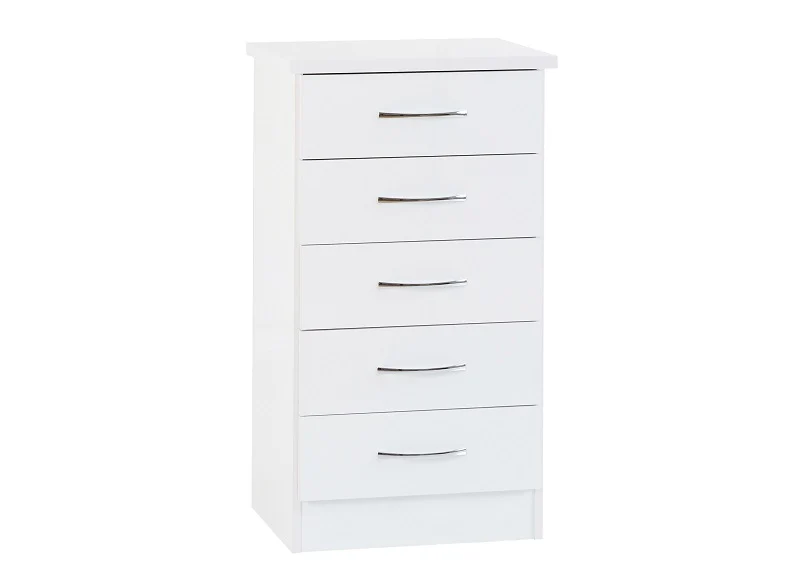 Nevada White Five Drawer Narrow Chest – Gloss Finish 930mm