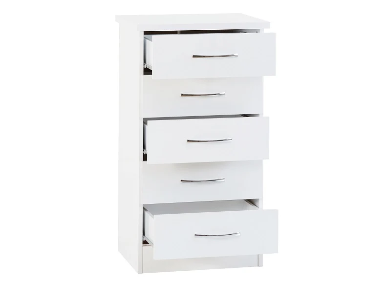 Nevada White Five Drawer Narrow Chest – Gloss Finish 930mm - Image 2