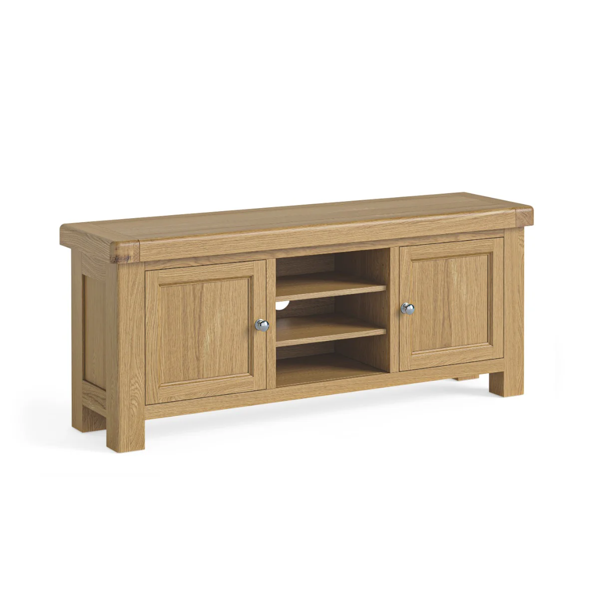 Normandy TV Unit 140cm – Solid Oak with Polished Silver Handle