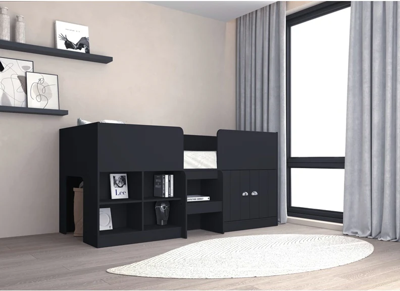 Orlando Low Sleeper Bed – Dark Grey with Storage Shelves