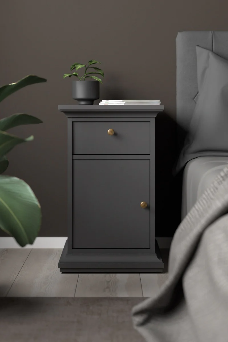 Paris Nightstand 1 Door + 1 Drawer – Grey with Brass Knob