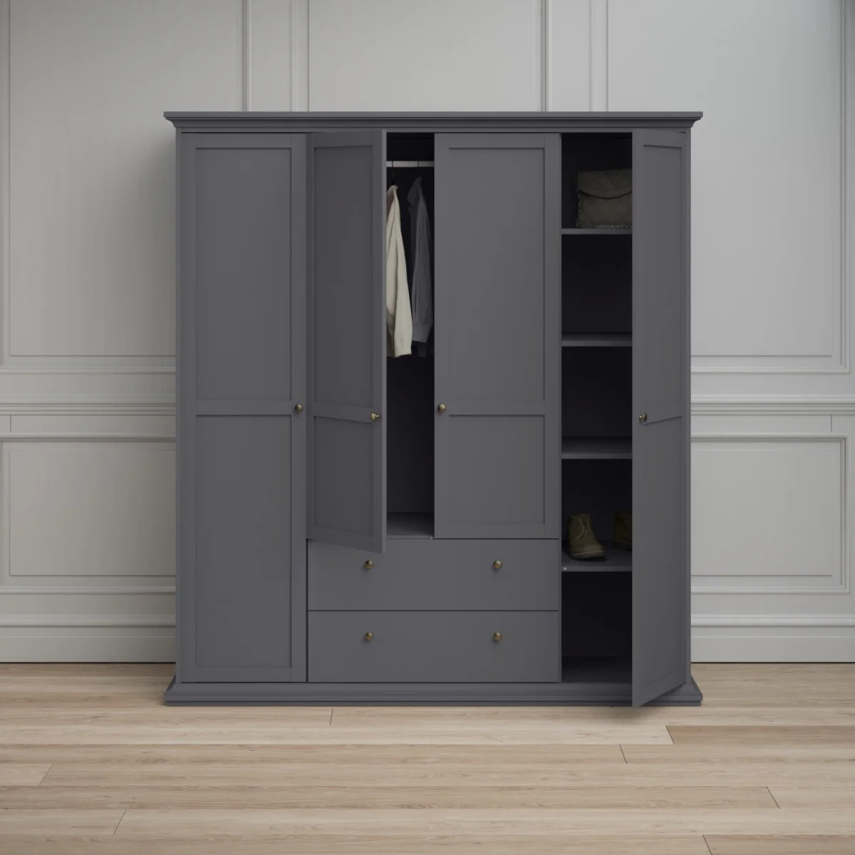 Paris Wardrobe with 4 doors + 2 drawers - Grey