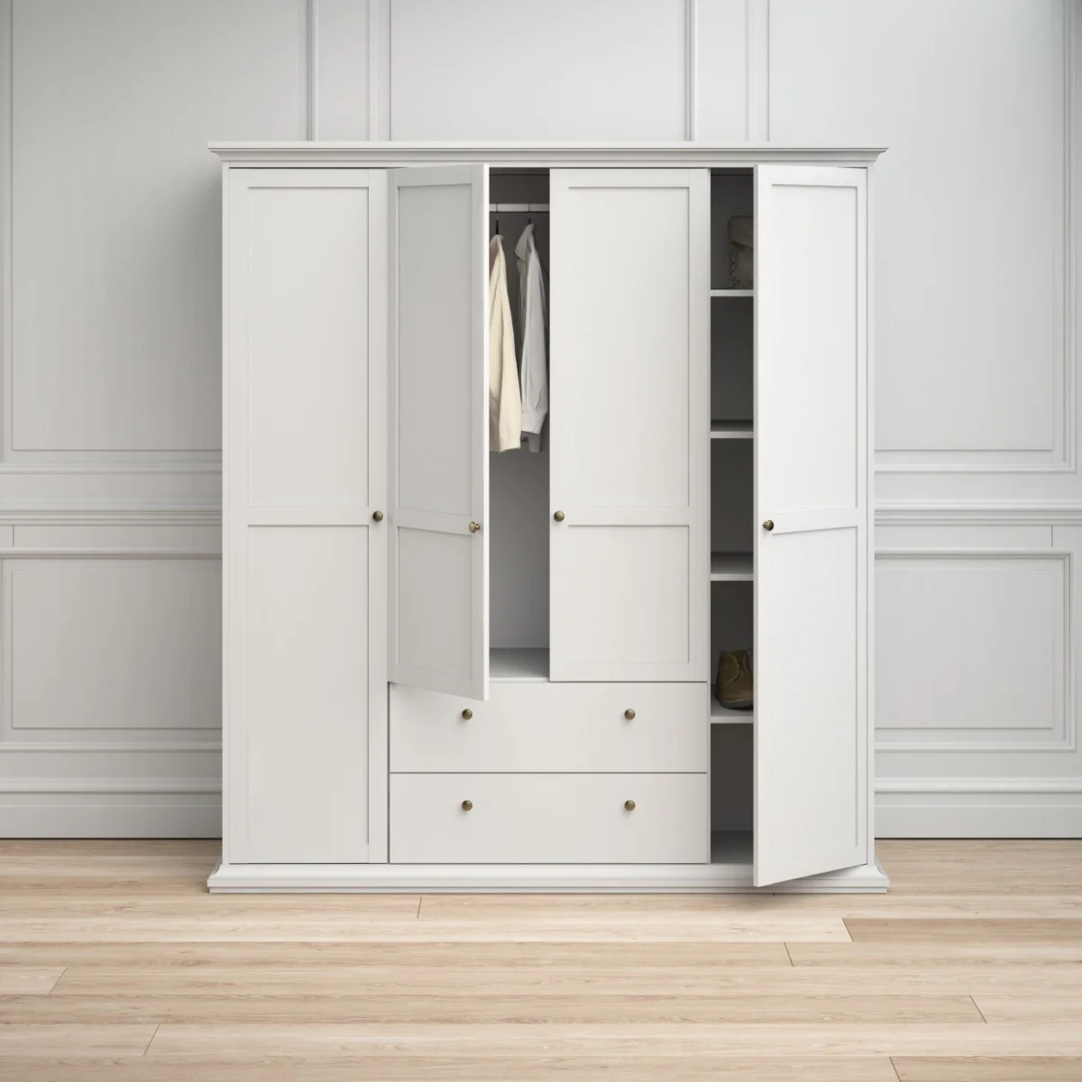 Paris Wardrobe with 4 Doors & 2 Drawers – White Finish