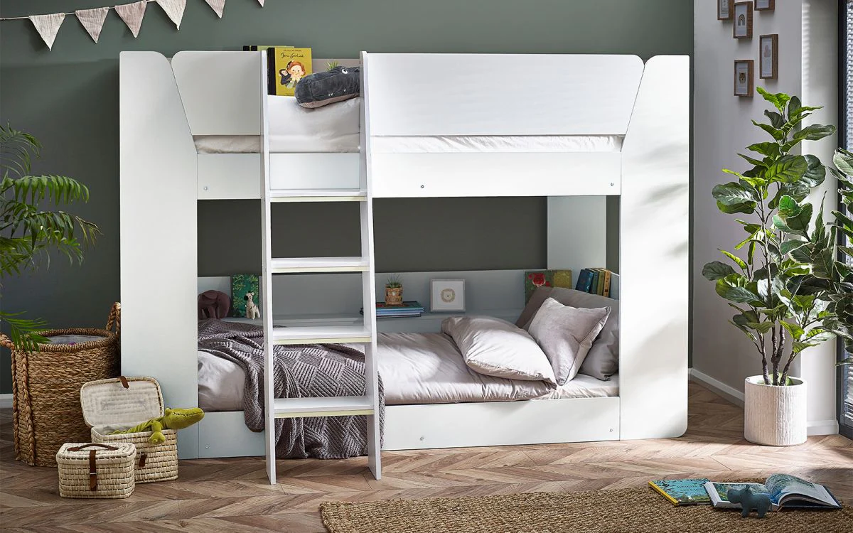 Parsec Bunk Bed – All White with Built-In Shelving and Glow-in-the-Dark Ladder