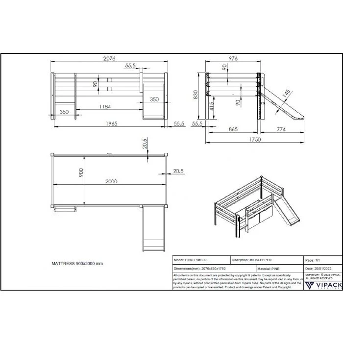 PINO Mid Sleeper with Slide 90 x 200 cm – White Lacquer Finish - Image 2