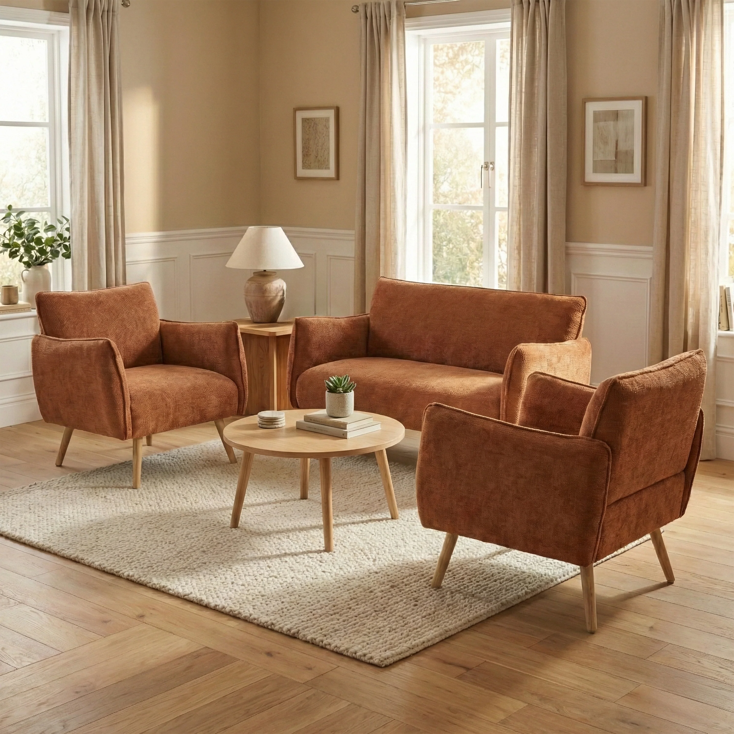 Piper 2+1+1 Sofa Set – Rust with Light-Wood Legs (PRE-ORDER FOR JULY)