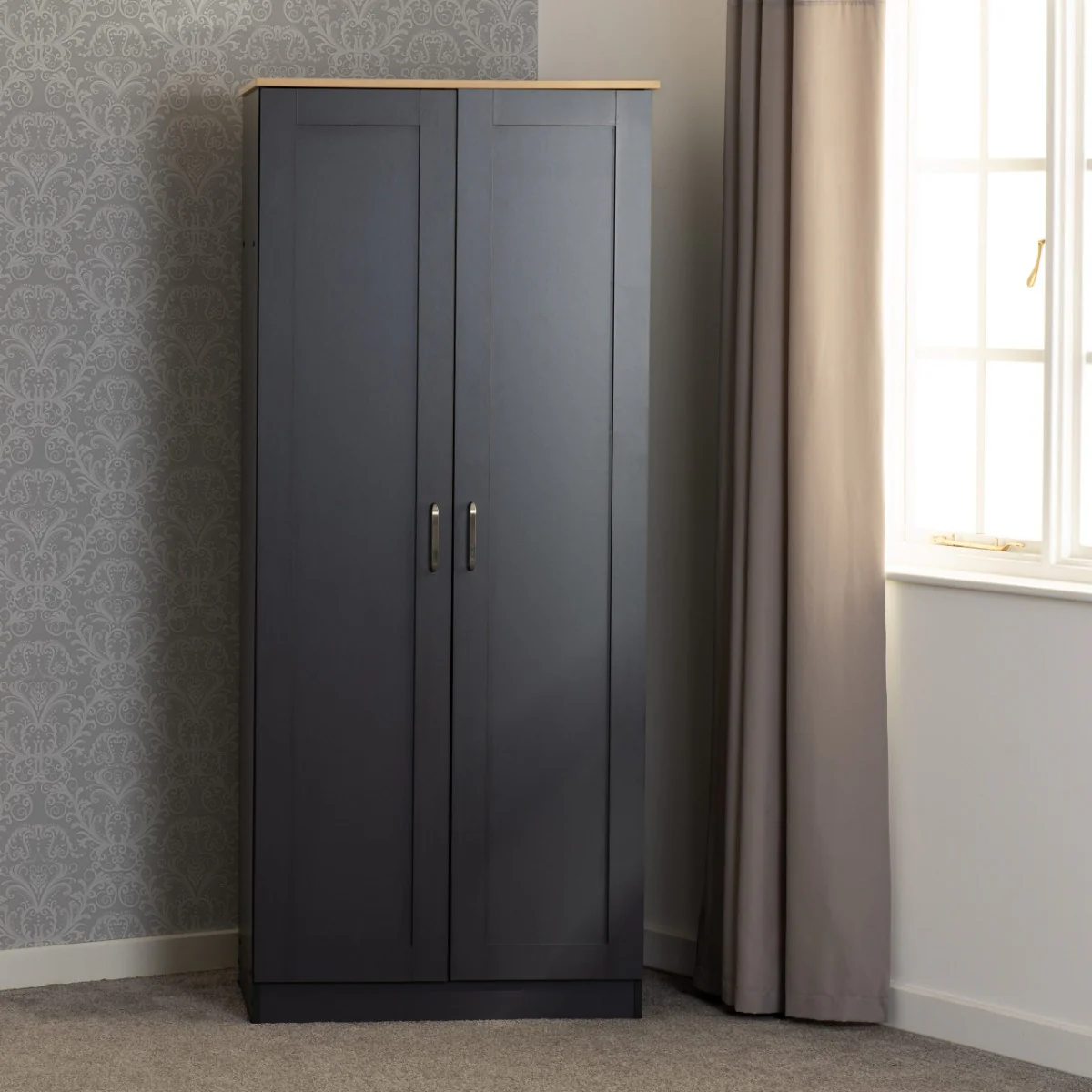 Portland 2 Door Wardrobe – Grey/Oak Effect with Ample Storage (PRE-ORDER ONLY)
