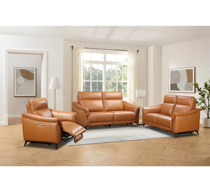 Porto 3 Seater Electric Recliner Sofa – Light Brown Leather with USB Charging - Image 2