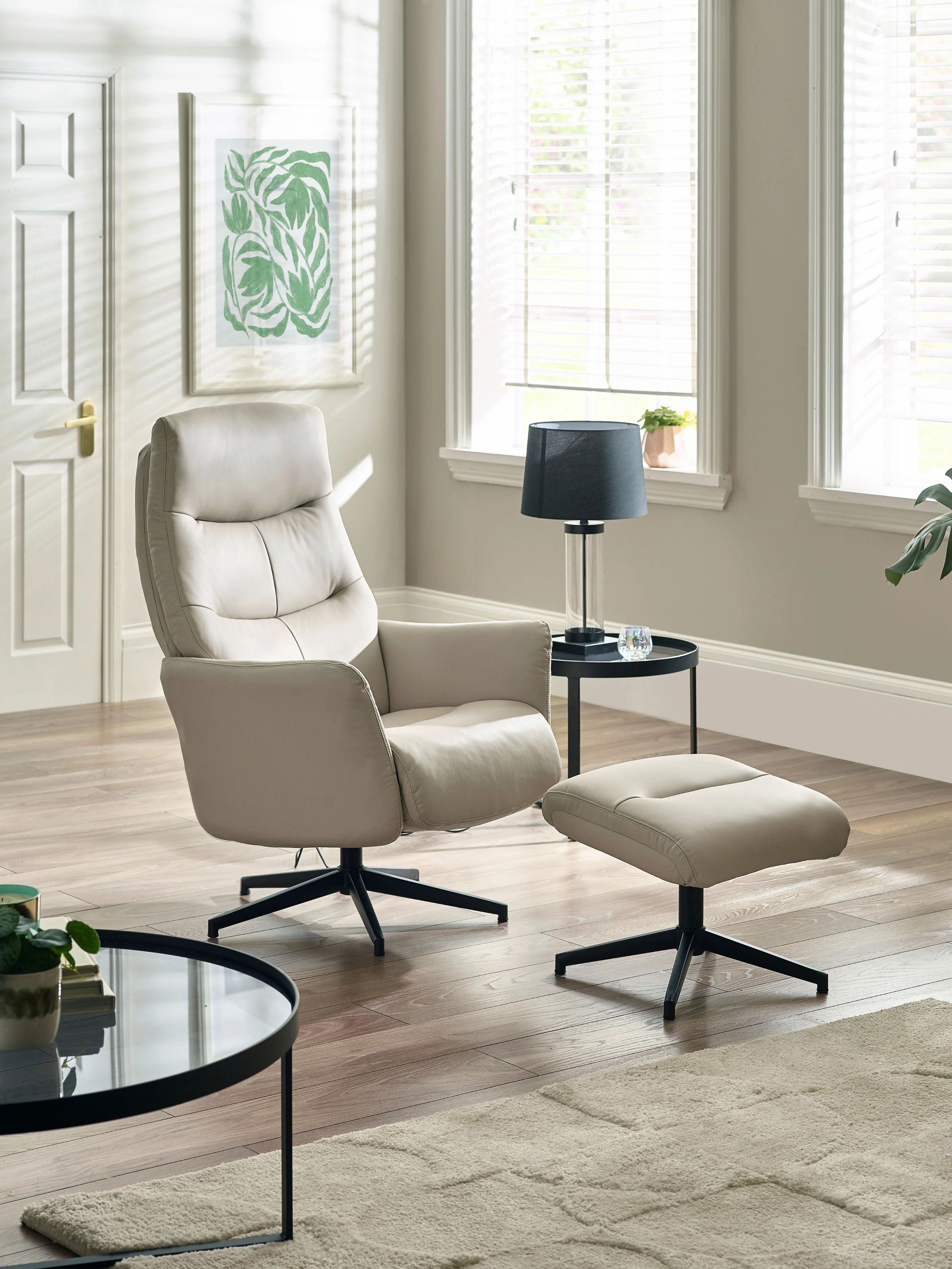 Priya Grey Faux PU Leather Recliner Chair and Stool – Manual Recline with Padded Footstool