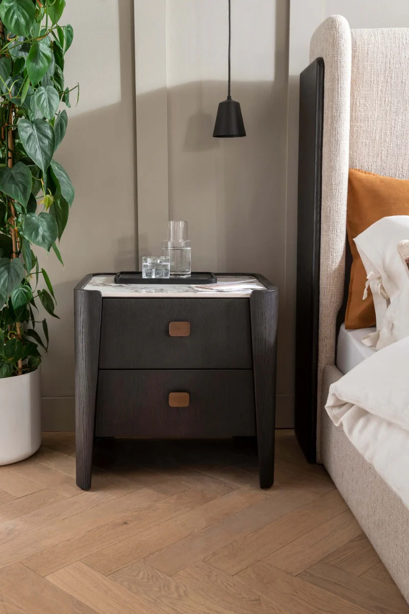 Rhodes 2 Drawer Bedside Table – Ebony with Sintered Stone Top