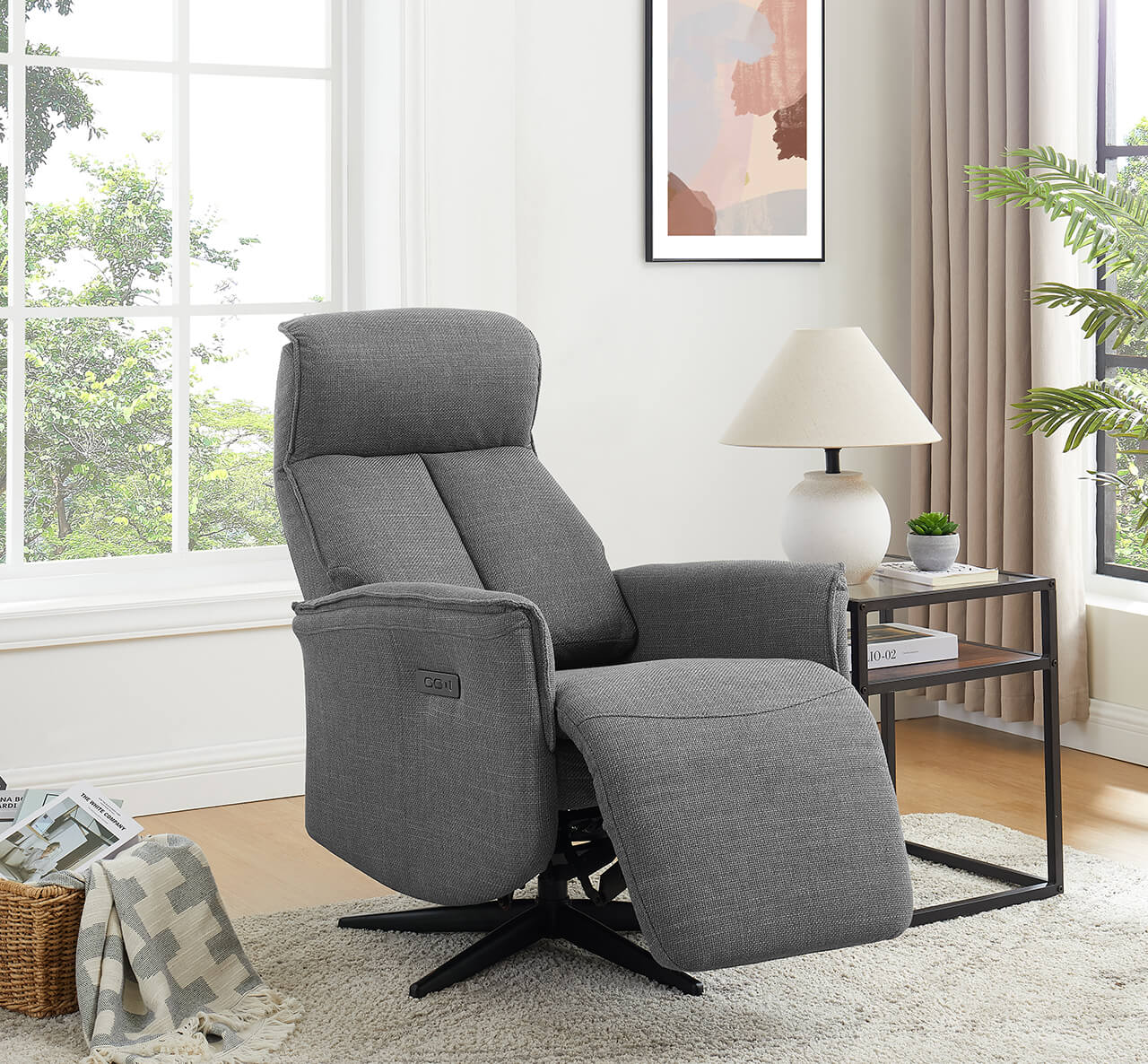 Riya Electric Reclining Accent Chair – Charcoal Fabric with 360° Swivel - Image 3