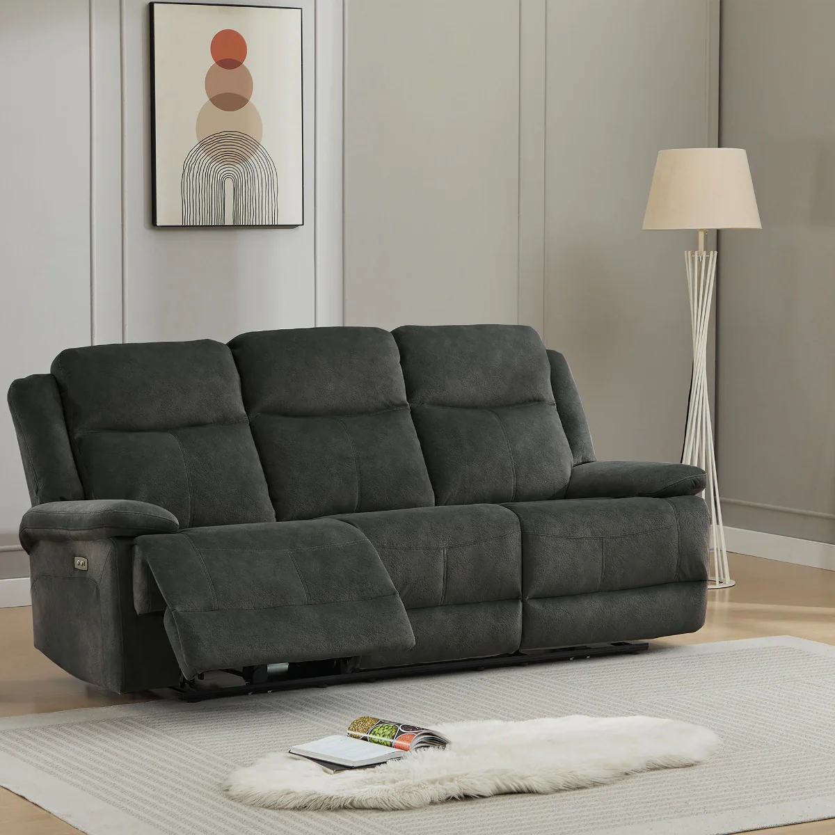 Rockport 3 Seater Electric Recliner – Thunder Soft Touch Fabric with USB Port