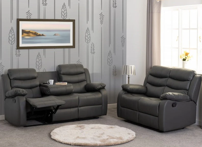 Roma Grey 3RR+2RR Faux Leather Sofa Group – Manual Reclining with Drinks Tray