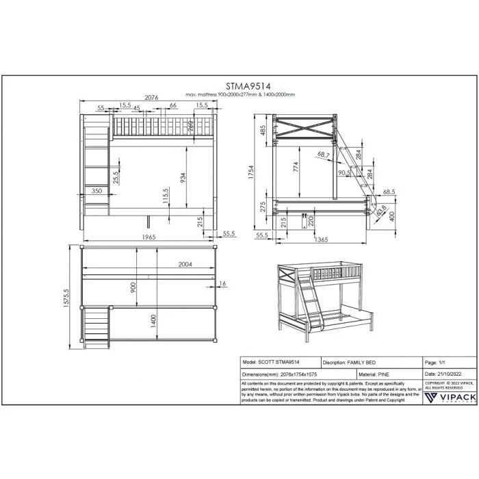 SCOTT Family Bed 140 x 200 cm + 90 x 200 cm – White Lacquer with Storage Options - Image 3
