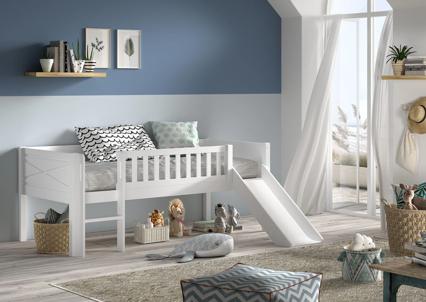 SCOTT Mid Sleeper Bed with Slide 90 x 200 cm – White Solid Pine for Fun Space-Saving