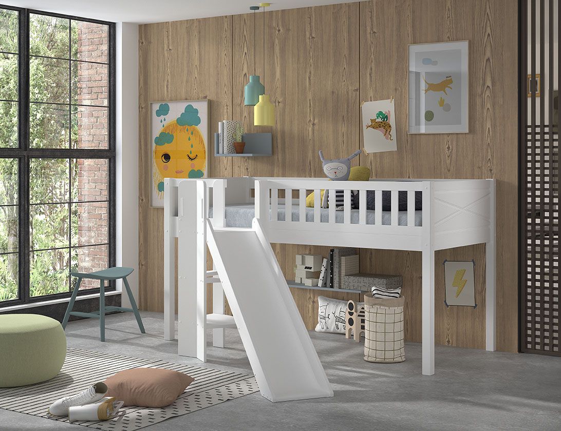 SCOTT Mid Sleeper Bed with Slide H115 cm 90 x 200 cm – White Solid Pine with Storage Space
