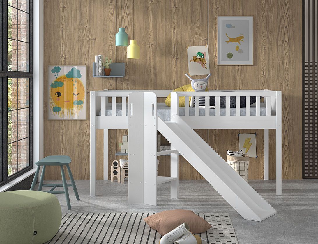 SCOTT Mid Sleeper Bed with Slide H115 cm 90 x 200 cm – White Solid Pine with Storage Space - Image 2