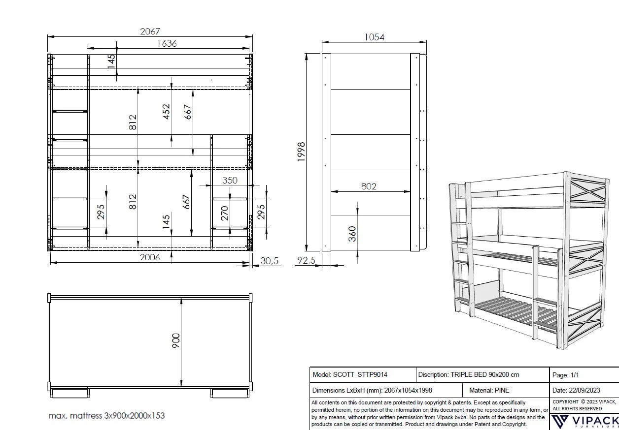 SCOTT Triple Bunk Bed 90 x 200 cm - Image 4