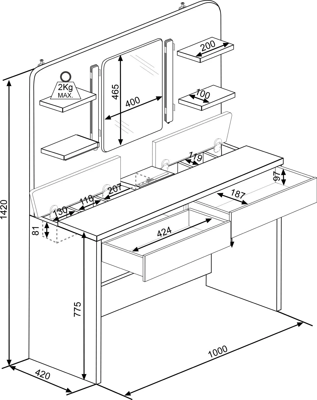 Secret Vanity Dressing Table – White with Dimmable Lights *EXPRESS DELIVERY* - Image 4