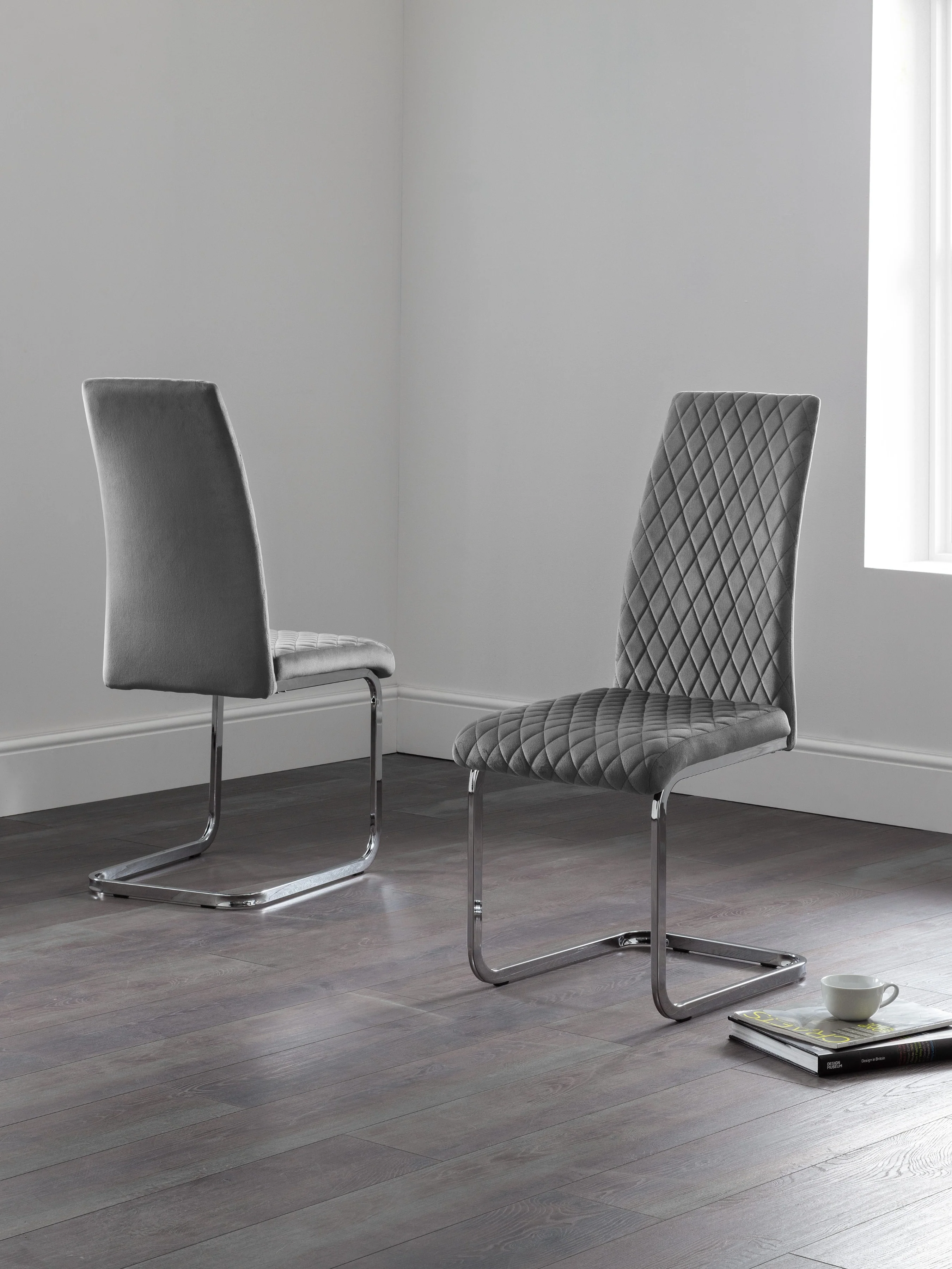 Set Of 4 Calabria Velvet Cantilever Chairs - Grey - Image 2