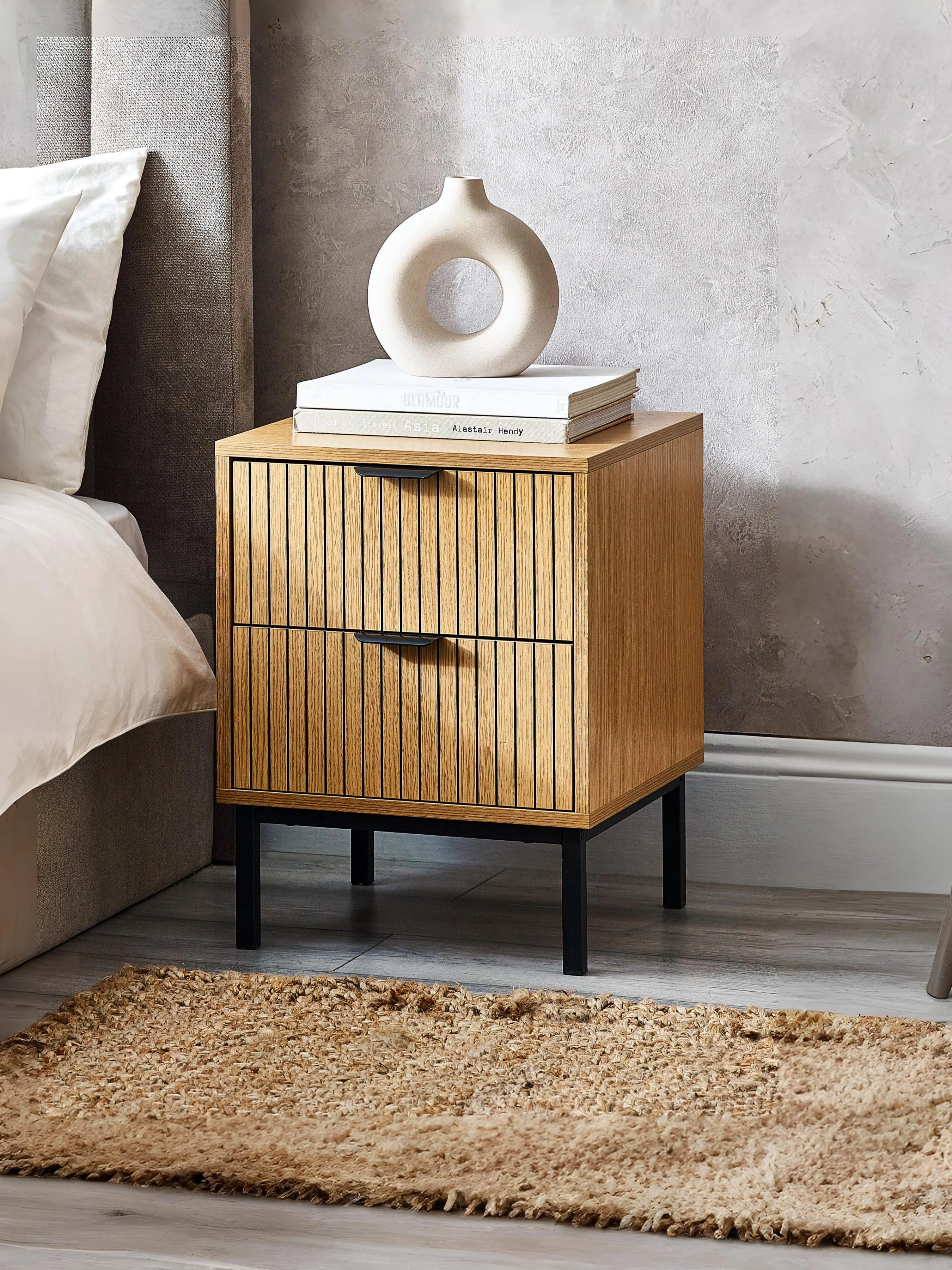 Sia 2 Drawer Bedside – Black Metal Legs (PRE-ORDER FOR JUNE)