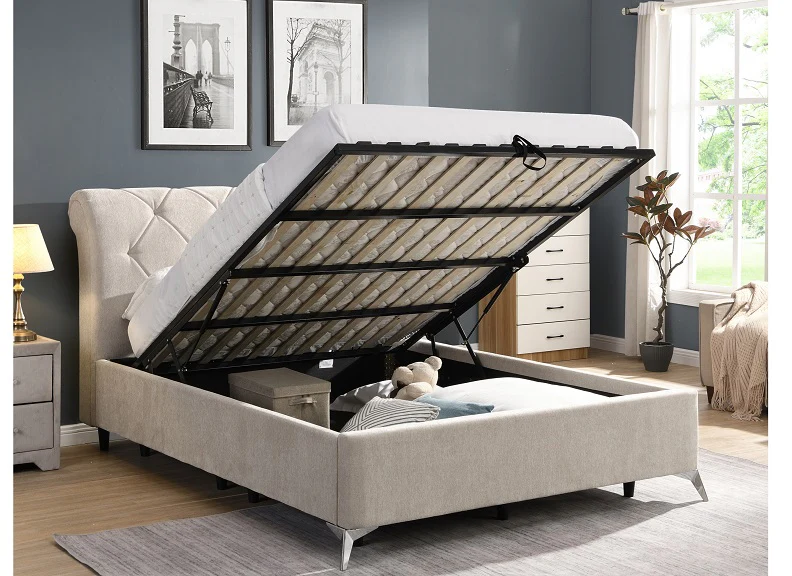 Sligo Gas Lift Storage Bed – Soft Beige Velvet with Spacious Ottoman Storage