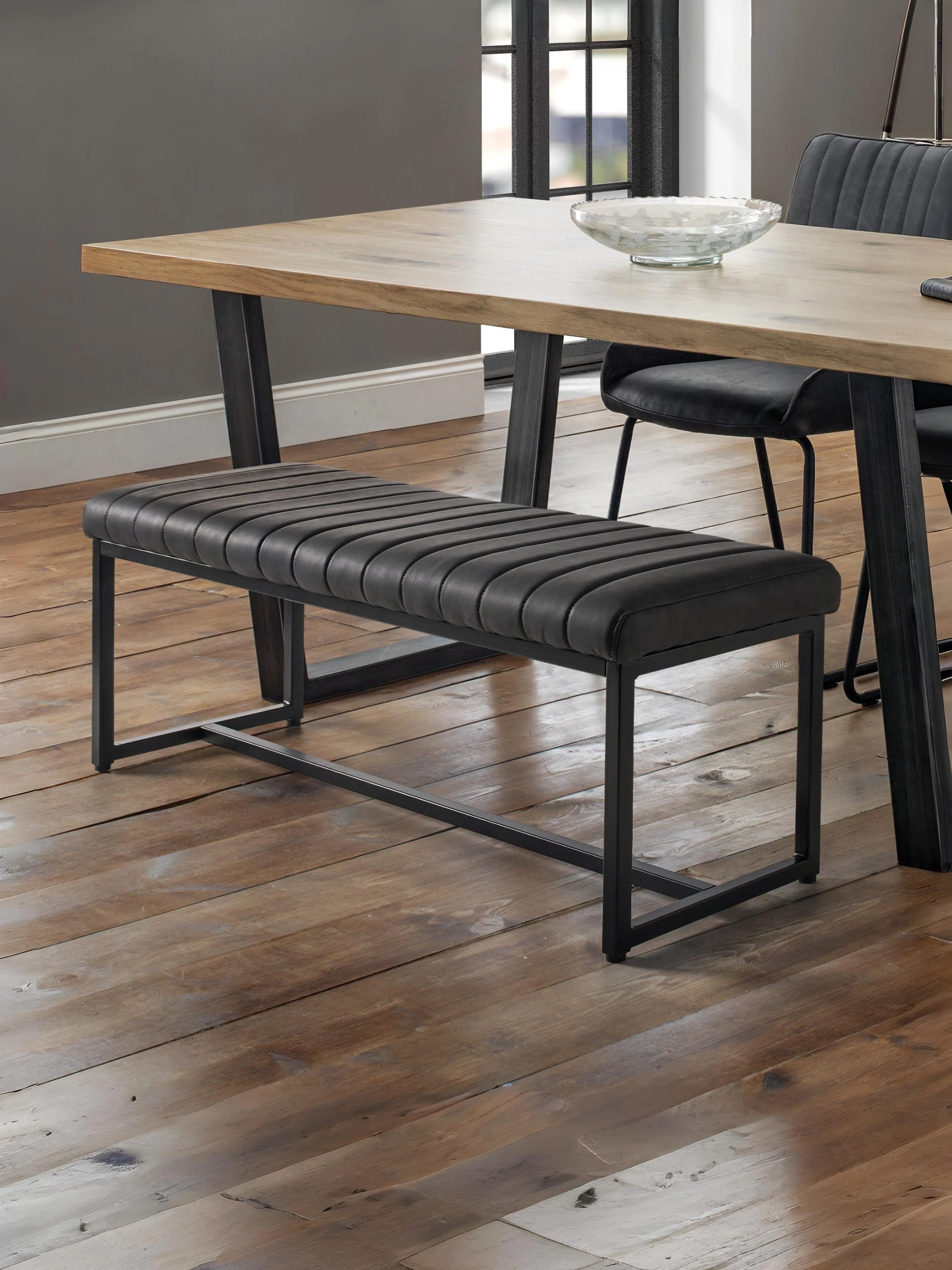 Soho Bench – Antique Black Faux Leather with Metal Frame