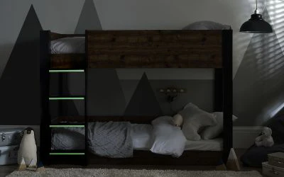 Solomon Bunk Bed - Rustic Wood & Black Finish with Glow-in-the-Dark Steps - Image 4