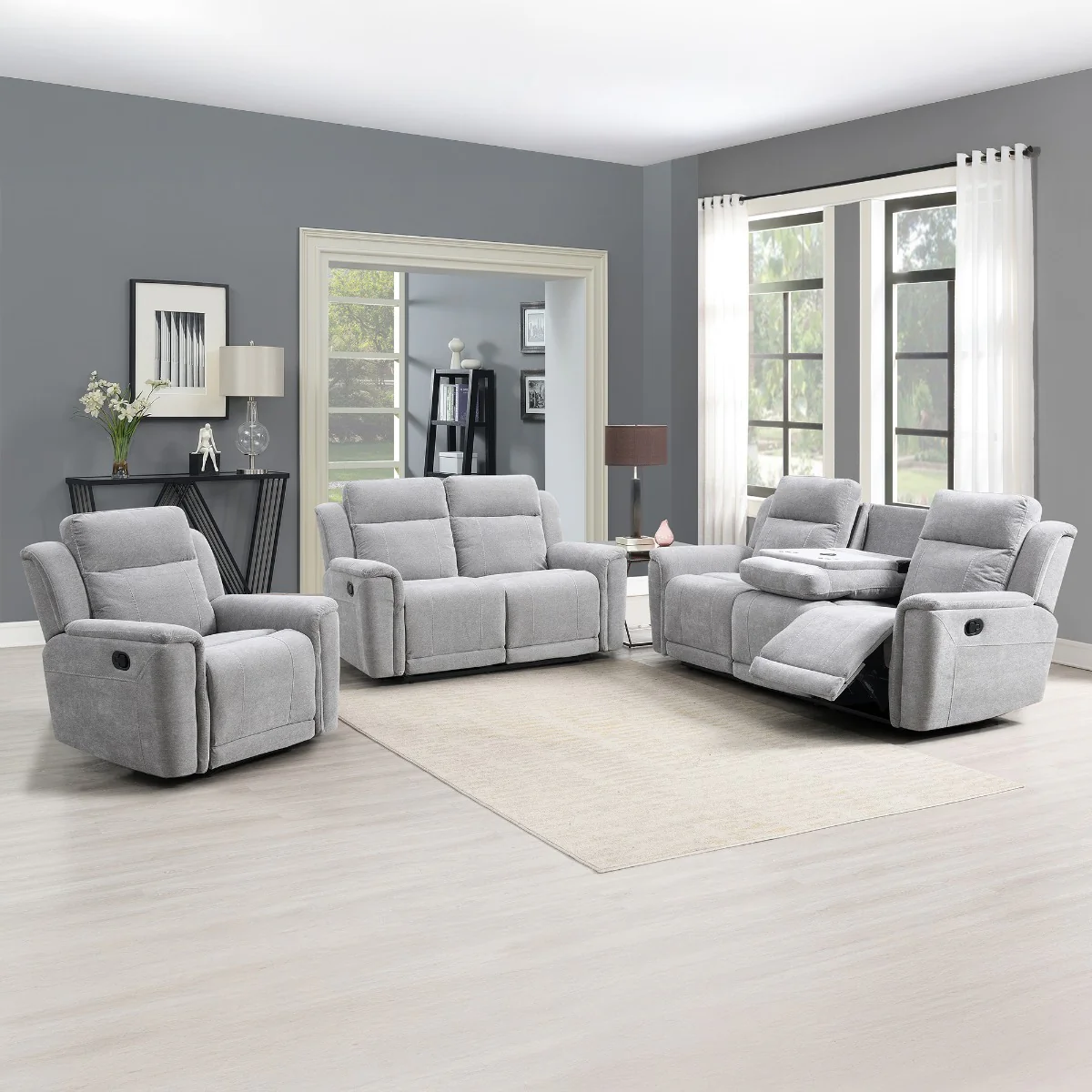 Somerton 3+1+1 Reclining Suite – Light Grey Fabric with Wireless Charger