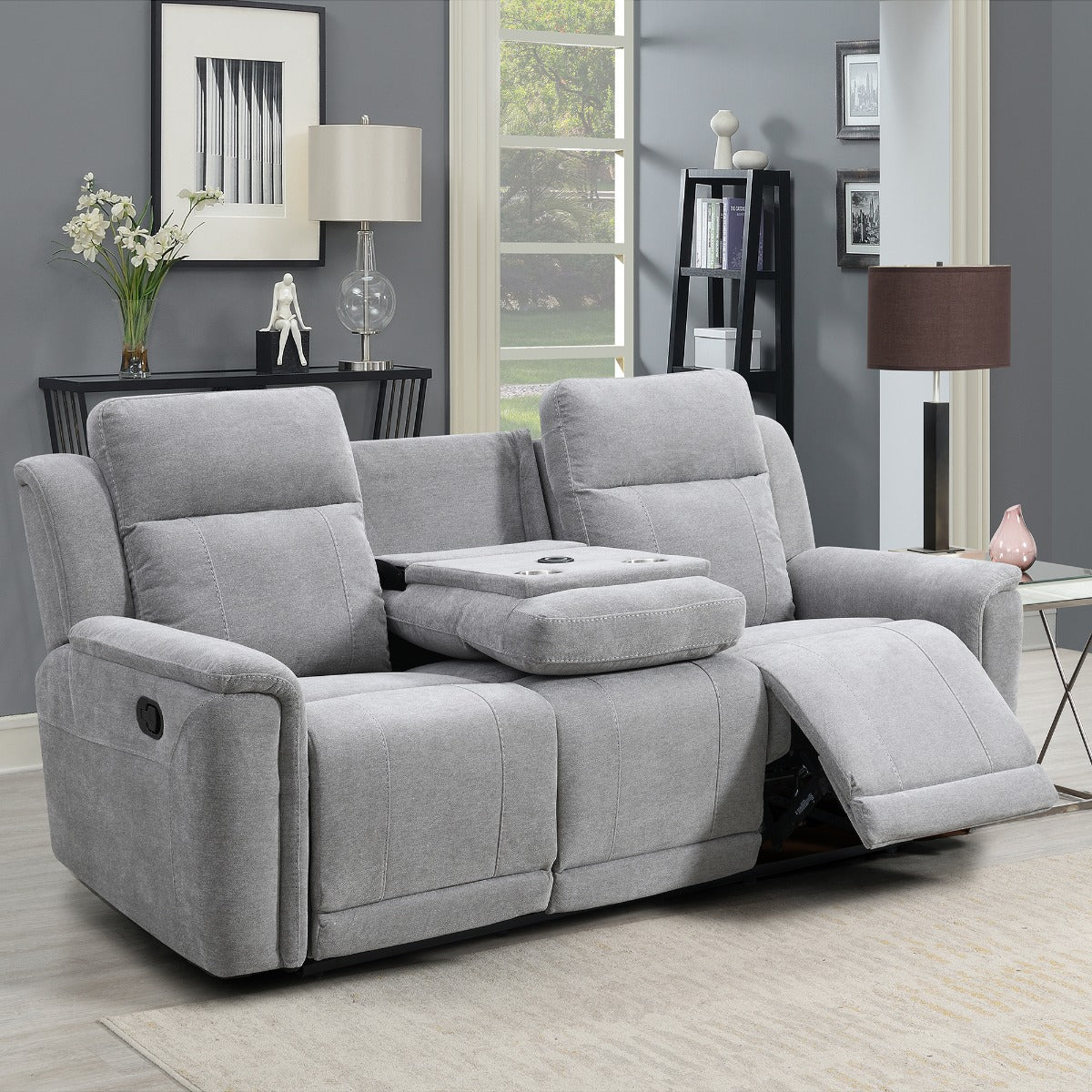 Somerton 3 Seater Reclining Sofa – Light Grey with Drop Down Console