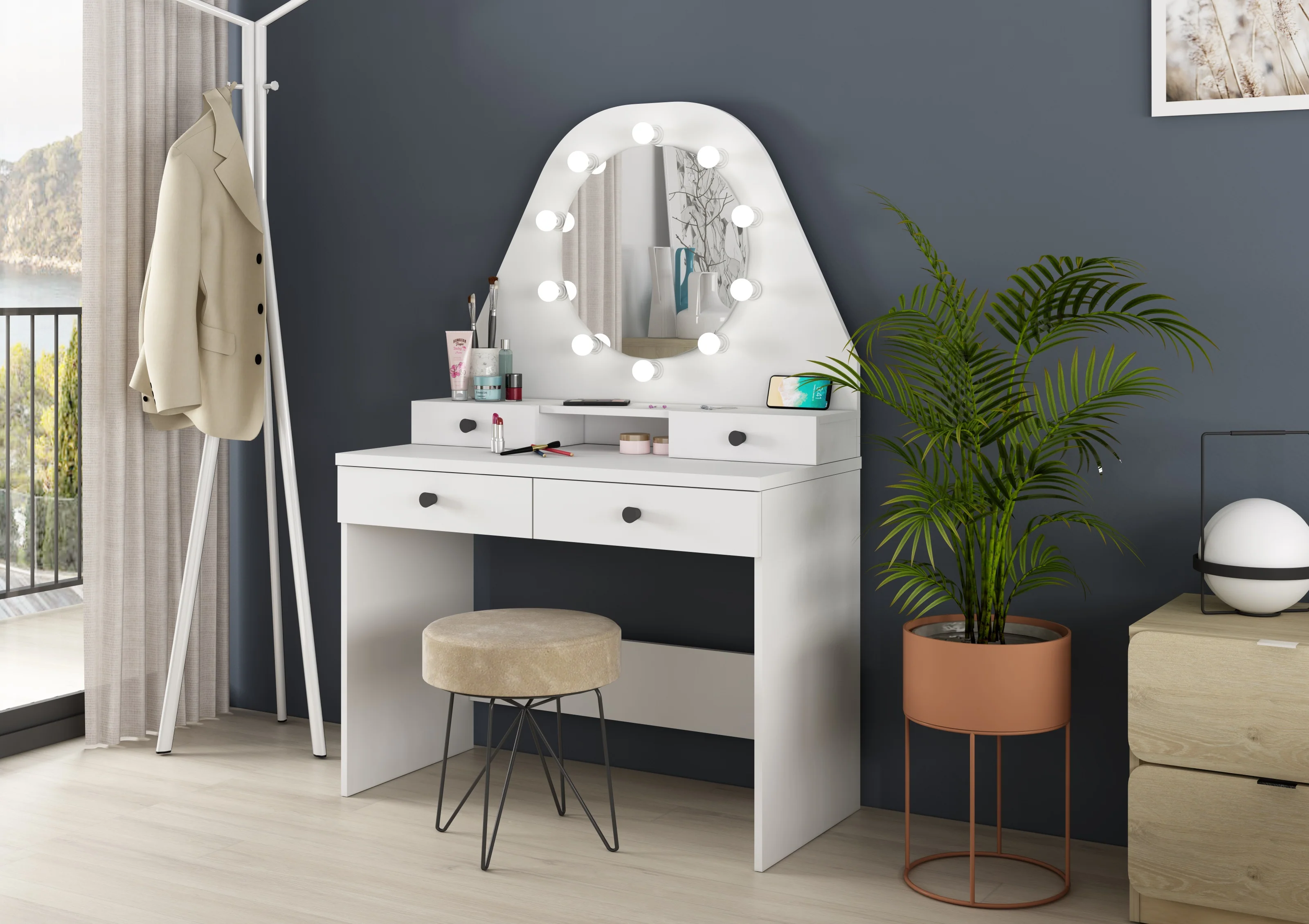 Star Vanity Dressing Table – White with LED Mirror