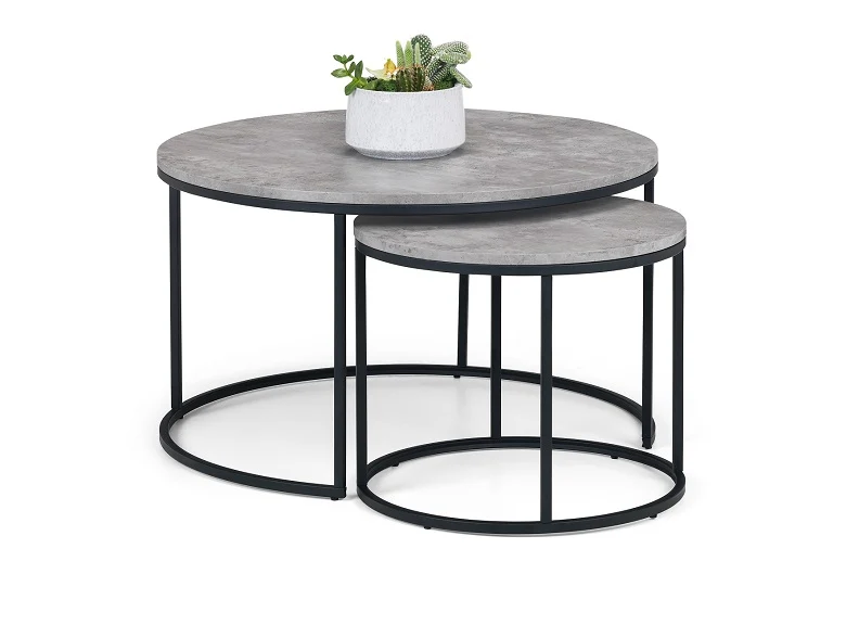 Staten Nesting Round Coffee Tables – Black Metal Frame with Concrete Effect Top - Image 2