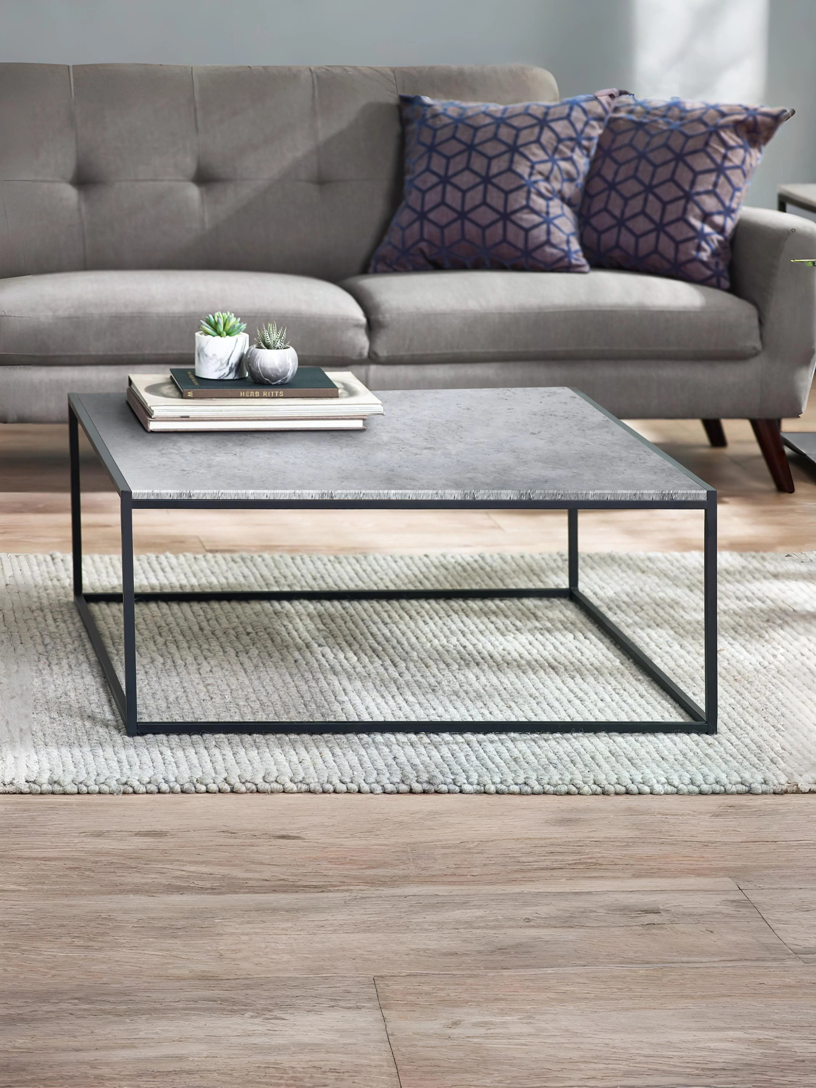Staten Square Coffee Table – Concrete Effect Top with Black Metal Frame