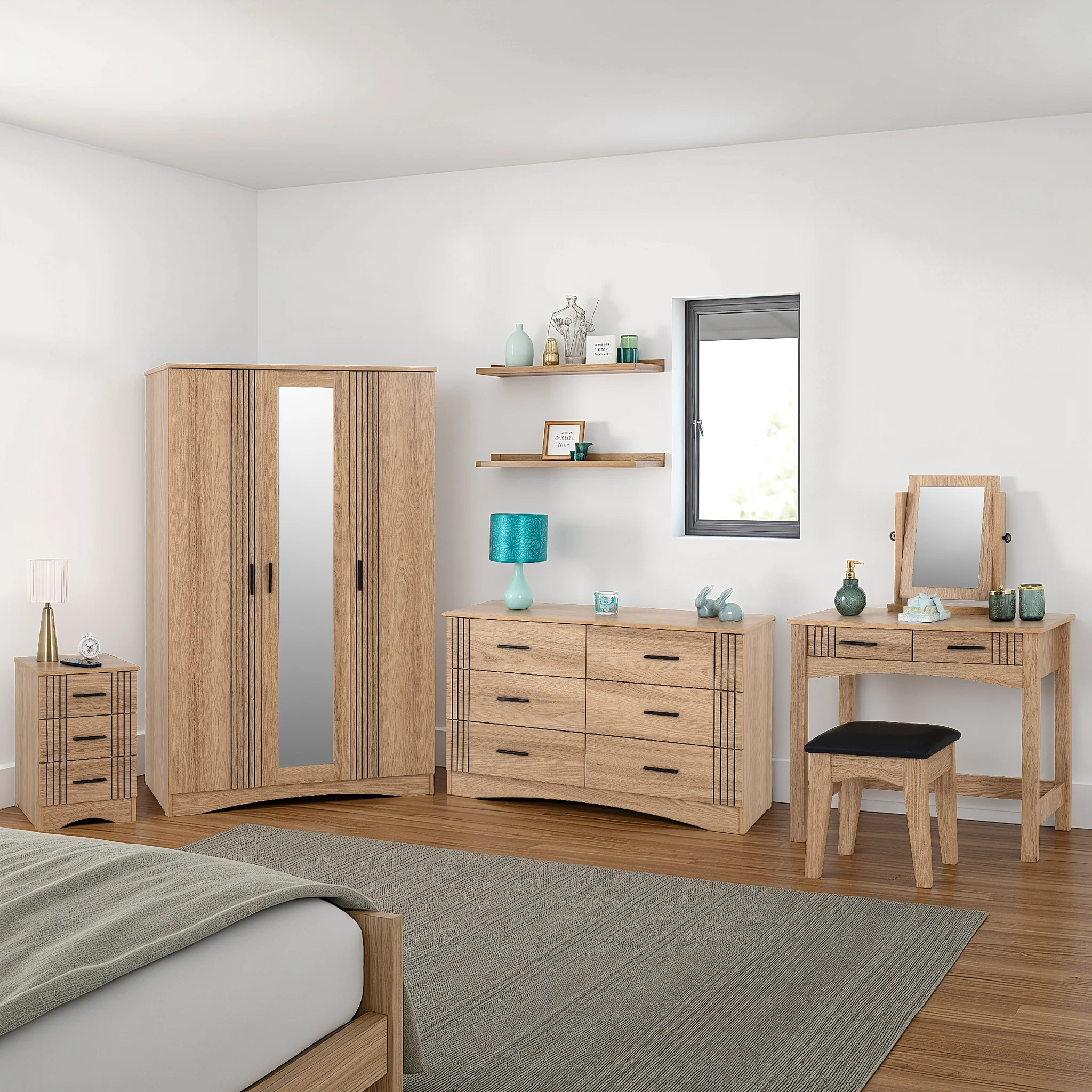 Tessa 3 Door Mirrored Wardrobe - Natural Oak Effect - Image 7