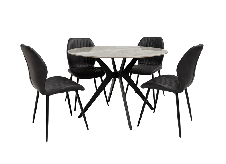 Tulsa Round Dining Table & Sheldon Chairs – Grey Marble Effect Top with Black Metal Base - Image 4